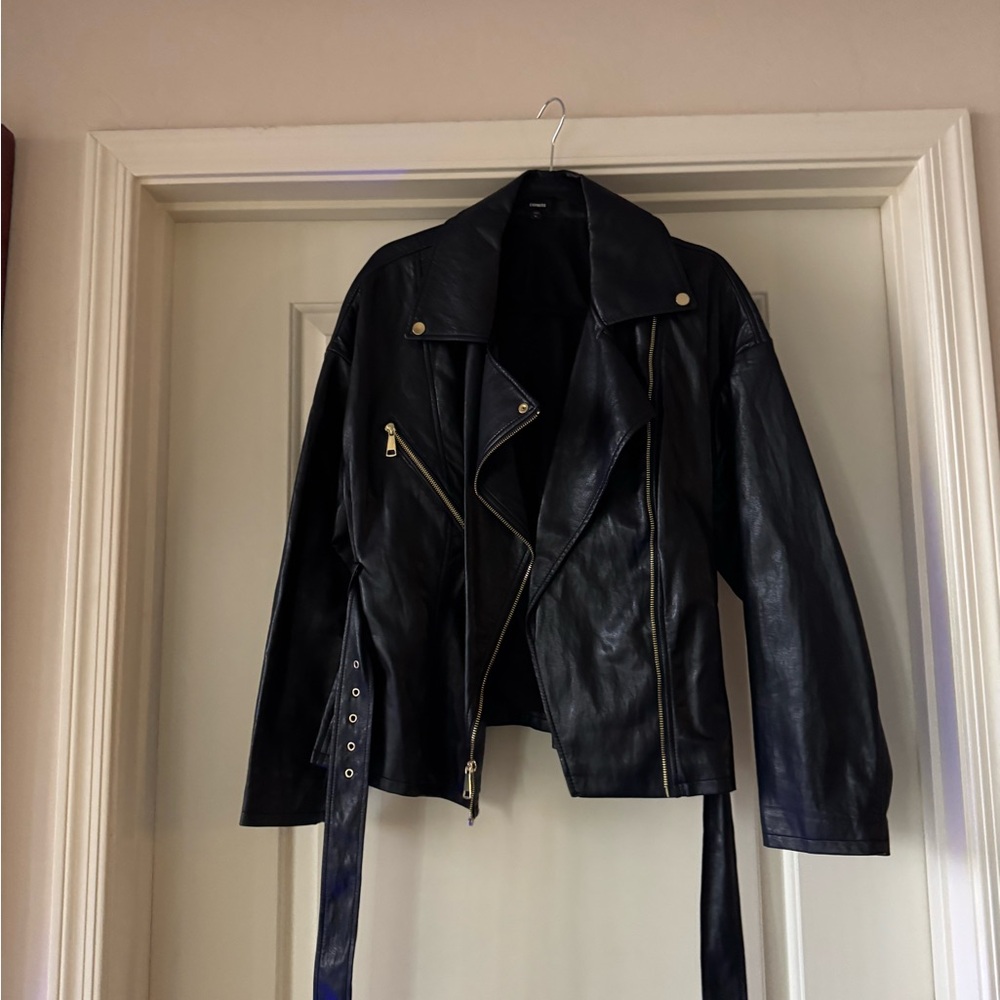 Express Black Faux Leather Jacket with Gold Details